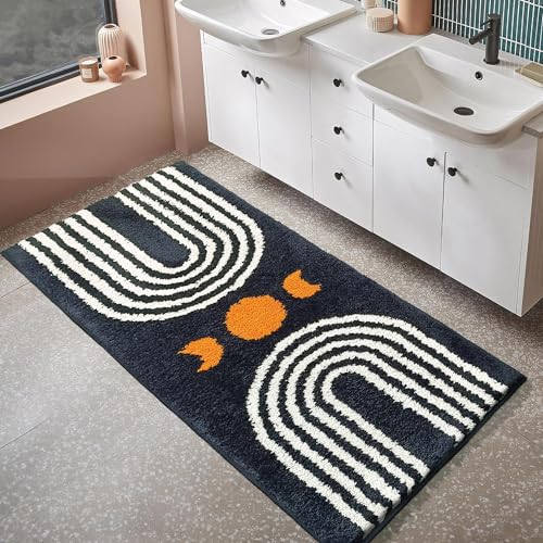 Boho Bathroom Runner - 20"x47" Long Abstract Bath Mat, Soft Plush Fluffy Non Slip Washable Black Rug for Bedroom/Hallway - color: Black, size: 1'8" x 3'9" (Rectangular)