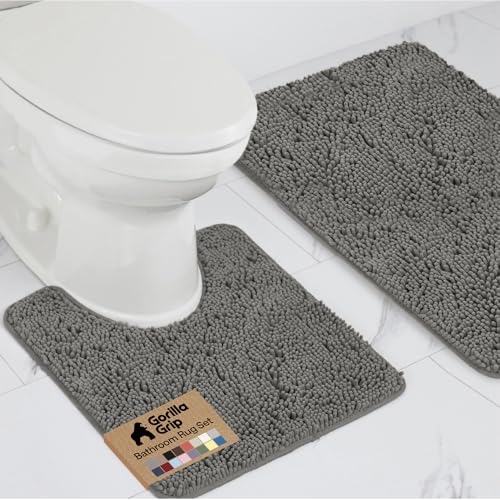 GORILLA GRIP Bathroom Rug Sets, Soft Chenille 2 Piece Area Rugs Set, Toilet Base Mat and 30x20 Carpet, Absorbent Microfiber Washable Mats Dry Quickly, Home Décor and Bath Room Accessories, Charcoal - color: Charcoal, style: 30"x20" + Oval 24"x19.5" - 2 Pa