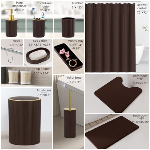 Brown Bathroom Accessories Set - Bathroom Sets, 25PC Bath Accessory Set, Bathroom Sets with Push Top Trash Can, Shower Curtain and Rugs, Toilet Brush, Trash Can & Soap Dispenser - color: Brown & Gold, size: 25-Piece Set (Accessories + Shower Curtain + Rug