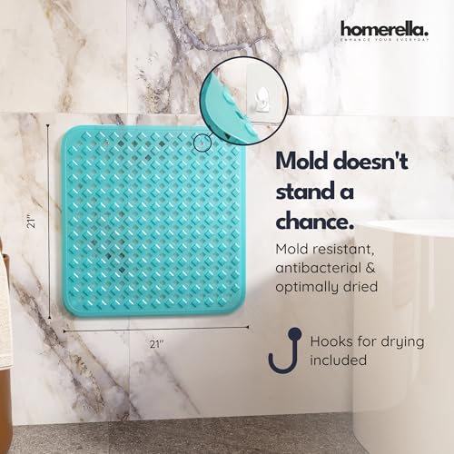 homerella® Shower Mat Non Slip Anti Mold, Non Slip Shower Mats for Inside Shower Stall Anti Slip Mat, Square Shower Floor Mat 21 x 21 in with Suction Cups & Hooks for Quick Drying, Machine Washable - color: Clear Turquoise
