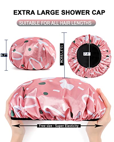YIZIJIZI Triple Layer Reusable Waterproof Shower Cap for Women Large Terry Lined Hair Cap for Long Thick Hair Travel Bath Care Pink Flowers - color: Pink Flowers