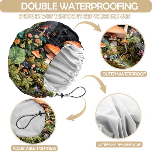 2 PCS Shower Cap Adjustable Reusable Double Waterproof Layer Elastic Hair Bath Cap Cute Aesthetic for Women Girls-Two Mushrooms - color: I25-Two Mushrooms