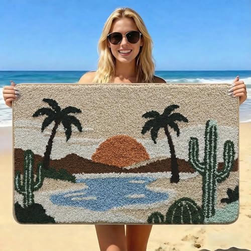 Bathroom Rug Mat, Desert Oasis Sunset Fluffy Rug with Cactus & Palm Tree, Ultra Absorbent Microfiber Shaggy Door Mat, Quick Dry Bath Rug Carpet for Toilet Bathtub Bedroom 20x31 Inch (Brown) - color: Green