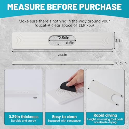 Stone Faucet Mat for Kitchen Sink Oval Hole Bathroom sink splash guard | Water-Absorbing Diatomite Stone Drying Mat & Sink Protectors Absorbent Stone Tray for Bathroom Counter, Oval Hole 6.5" x 2.5" - color: White