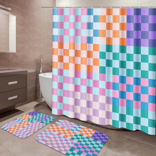 ArtSocket Retro Checkered Bathroom Set with Shower Curtain and Bath Rugs and Accessories,Colorful Funky Checkerboard Non-Slip Shower Curtain Set,Bathroom Decor 3 Pcs - color: Retro Checkered