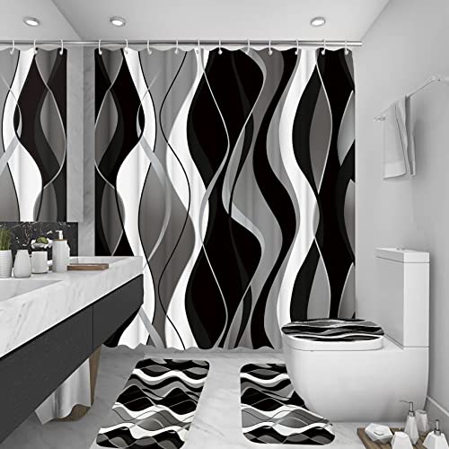 4Pcs Black Shower Curtain Sets with Non-Slip Rugs, Toilet Lid Cover and Bath Mat, Black and Gray Bathroom Decor Set Accessories Fabric Waterproof Shower Curtains with 12 Hooks, 72 x 72 Inch - color: Black