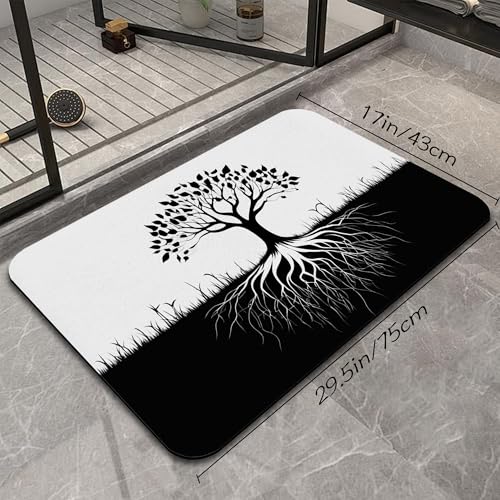 Black White Tree Bathroom Rug, Rapid Dry Absorbent with Non-Slip Rubber Base Bath Mats for Bathroom 17"x30" - color: Black White Tree