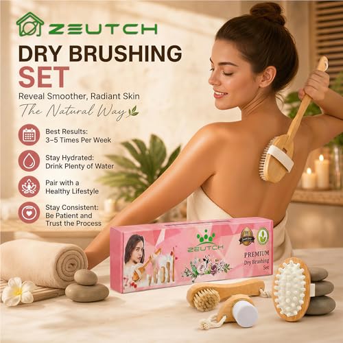 Zeutch Premium Dry Brushing Body Brush Set for Lymphatic Drainage and Cellulite Treatment, Boar Bristle Long Handle Face Cleansing Brush for A Glowing Skin, 5 Pack