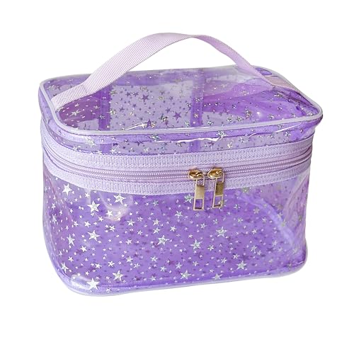 Star Print Purple PVC Makeup Bag with Handle - 8.66 * 5.51 * 5.51 inch,Clear Storage Bag Toiletry Pocket Portable Zippered Pouch Waterproof Cosmetic Organizer Bags for Women (Purple-L) - color: Purple-L