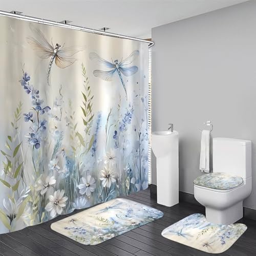 DDQQ Blue Flower Dragonfly Shower Curtain Set Floral Home Bathroom Sets with Rugs, Green Leaves Bathroom Decor Shower Curtain Set with Carpet Bath Mat Toilet Rugs - color: Dusty Blue