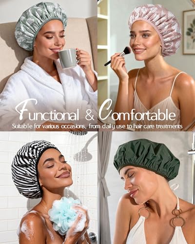Yanibest Shower Cap for Women - Frizz Free Satin Lined Shower Cap Waterproof Large Double Layer Reusable with Soft Elastic Band for Braids Long Hair - color: Green