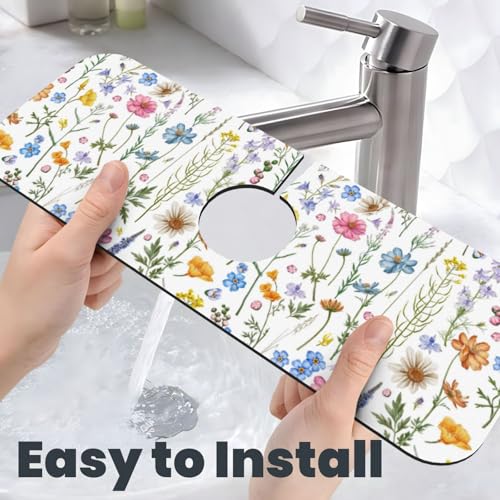 Spring Flower Colorful Leaves 15" X 5.5" Kitchen Sink Splash Guard Faucet Faucet Guard Draining Mat Sink Splash Guard Faucet Kitchen Bathroom - color: Spring Flower Colorful Leaves