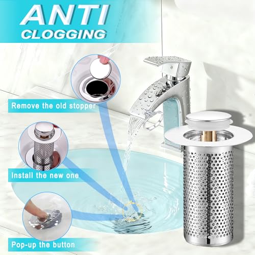 Bathroom Sink Stopper 2Pcs,Sink Drain Strainer,Hair Catcher with Removable Stainless Steel Filter Basket,Universal Sink Plug,Suitable for Most Sinks,Washbasin,Bathtubs