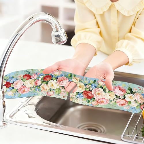 2 Pcs Kitchen Sink Splash Guard Faucet Mat Oil Painting Flowers Pattern Faucet Mat for Sinks Absorbing Drying Mats for Kitchen Bathroom - color: Mat Oil Painting Flowers