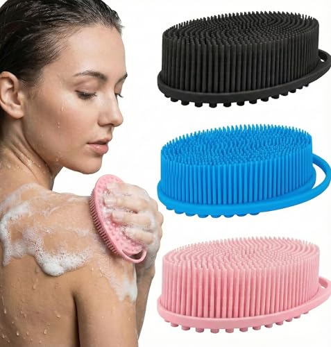 Silicone Body Scrubber Exfoliating 3 Pack, Shower Scrubber for Body,Loofah Alternative for Women Men, 2 in 1 Bath and Shampoo Brush with Handle,Body Exfoliator Tool for Skin, Back,Showering - size: 3Pack-Black Blue Pink
