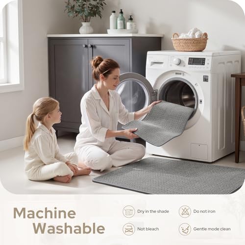 HOMEIDEAS Bathroom Rugs Set 2 Piece, Ultra Thin Non-Slip Bath Mats Rubber Backed, Chenille Absorbent Quick Dry Mats for Shower & Vanity, Low Profile Fits Under Door (Grey, 32"x20"+24"x17") - color: Grey