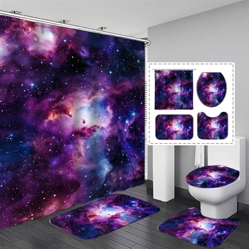 Space Galaxy Shower Curtain Bathroom Sets 4 Piece, Outer Star Themed Starry Shower Curtain Purple Trippy Universe Nebula Bath Mat with Non-Slip Rugs, Toilet Lid Cover Restroom Bathtub Home Decorations - color: Galaxy