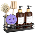 Moforoco Kitchen Dish Soap Dispenser Set, 16OZ Glass Bottle, Hand and Dish Soap Dispenser Set, Instant Dry Tray, Brush Holder with Smiley Face Sponge Holder (Black Tray+Amber Bottle+Labels) - color: Black Tray+amber Bottle+labels