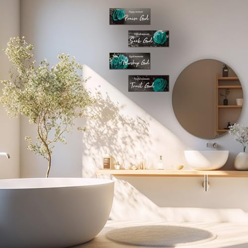 ONIZHITY 4 Pcs Teal Bathroom Decor Religious Wall Art Turquoise Bathroom Bible Verse Inspirational Teal Rose Wall Decor Wooden Christian Sign for Home Office Bedroom Living Room Kitchen(10x4) - color: Teal Rose