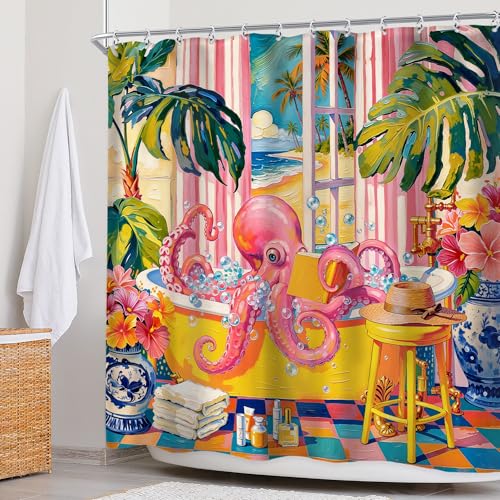 Newsely Funny Octopus Shower Curtain 72Wx72L Inch Funky Whimsical Boho Coastal Matisse Tropical Plant Pink Hawaii Modern Cool Kids Bathroom Set Unique Waterproof Bath Decoration Accessories Home Decor - color: Q-octopus2, size: 72"W x 72"L (Pack of 1)