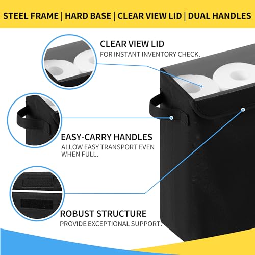 Cupic Cupid Toilet Paper Storage Baskets, Bathroom Toilet Paper Storage with Lid, Holds 12 Regular or 9 Mega Rolls, Slim Toilet Tissue Holder Basket with Clear PVC Lid and Handles, Black - color: Black