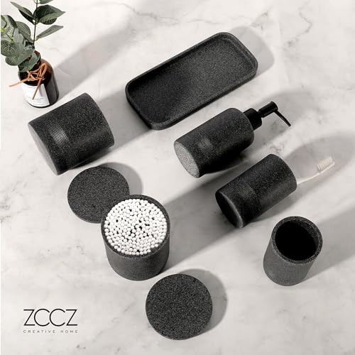 ZCCZ Black Stone Bathroom Accessories Set 6 Pieces - Toothbrush Holder, Lotion Dispenser, Qtip Container, Vanity Tray, Tumbler - Countertop Organizer for Bathrooms - Elegant and Functional Décor Set - color: Black Stone, size: 6pcs