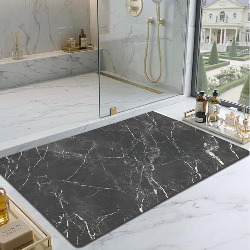 Color&Geometry Ultra Thin Bathroom Rugs Non Slip,Absorbent Quick Dry Bath Mats for Bathroom,Thin Bath Rugs Washable with Rubber Backing Fit Under Door Outside Shower,Black Marble,16"x24" - color: Black Marble, size: 16"x24"