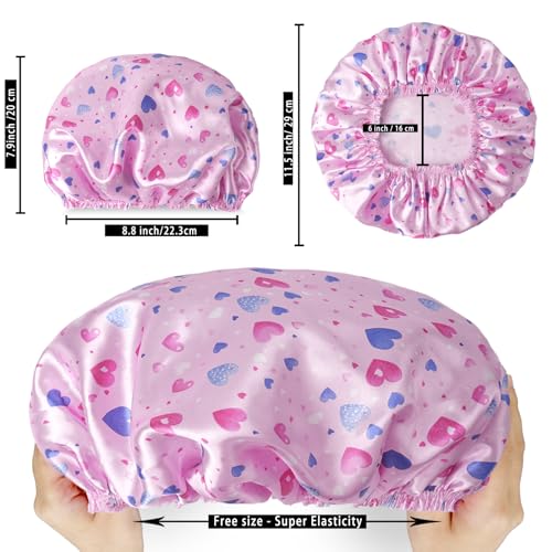 4 PCS Shower Cap for Women, Elastic and Reusable Bath Caps, Double Layers Shower Caps Reusable Waterproof, Bathing Shower Caps, Environmental Bath Hair Protection Cap - Heart - color: Heart