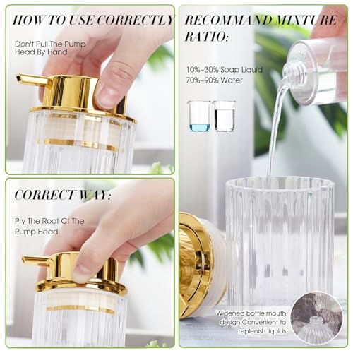Potchen 2 Pcs Refillable Foaming Hand Soap Dispenser 10 oz Plastic Dispenser Pump Lotion Foaming with Silver Pump for Bathroom Vanities Kitchen(Gold) - color: Gold