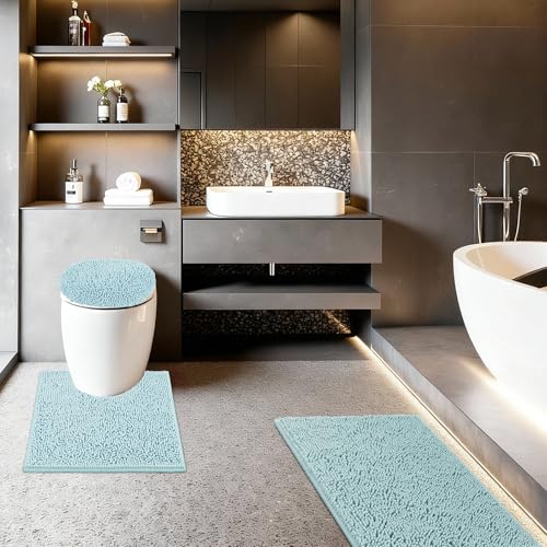 Bathroom Rugs Sets 3 Piece with Adjustable Toilet Seat Cover 19.5"x 18.5" Machine Washable Bath Rug Set with TPR Non Slip Rubber Backing Solid Bath Mat Set for Luxury Bathroom Decoration - color: Light Blue