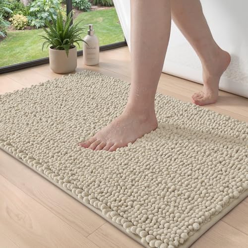 DEXI Bathroom Rugs 24x16, Super Soft Thick Chenille Absorbent Bath Mat, Non Slip Machine Washable Fluffy Shag Bathmat for Tub, Shower Floor, Beige - color: Beige, size: 24" X 16" (Rectangular)