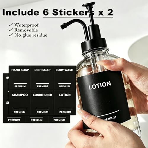 Dish Soap Dispenser for Kitchen, Hand Glass Soap Dispenser Set with Pump, Tray, Funnel for Bathroom, Shower, Laundry, Liquid, Lotion (Black 2 Pack 18 Oz Clear Bottles with 12 Stickers) - color: Black, size: 18Oz