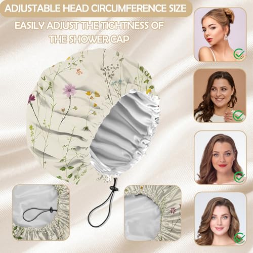 2 PCS Shower Cap Adjustable Reusable Double Waterproof Layer Elastic Hair Bath Cap Cute Aesthetic for Women Girls-Floral - color: I11-Floral