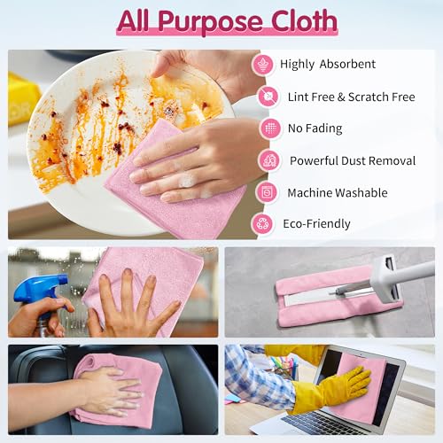 20 Pack Pink Microfiber Cleaning Cloth, Lint-Free Car Wash Towels, All-Purpose Absorbent Cleaning Rags for Housekeeping, Dust Cloth for Office, Mechanic, Automotive - color: Pink