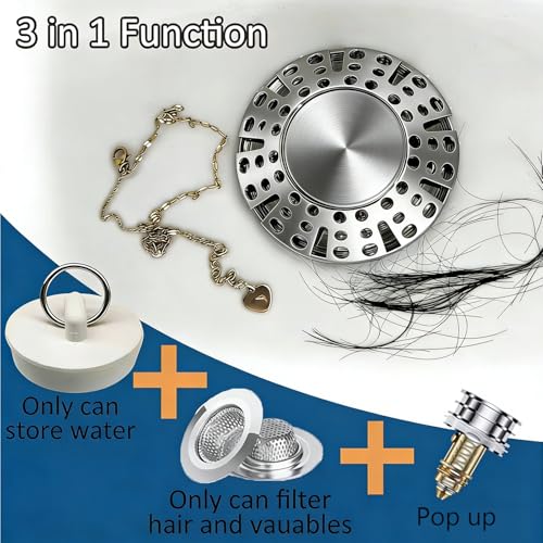 AzWzz Bathtub Drain Stopper, Pop Up Tub Stopper Plug with Bathtub Drain Hair Catcher Cover, Universal for 1.45 in to 1.8 in Tub Drain, Brushed Nickel - color: Brushed Nickel, style: Tub Drain Stopper with Hair Catcher