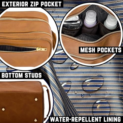 Mens Toiletry Bag, Premium PU Leather Travel Kit, Metal Zippers & Bottom Studs, Velvet Dust Bag & Shape-Retention Packaging – Gift Ready For Groomsmen, Anniversary, Birthday Gifts/CARAMEL BROWN - color: CARAMEL LIGHT BROWN