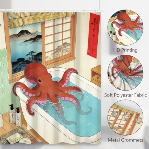 Fabric Shower Curtain with Hooks, Waterproof & Washable & Polyester, Fun Japanese Anime Octopus Shower Curtains for Bathroom, Cute Funny Whimsical Animal Bathroom Curtain, House Gift, 71x74 Inch - color: Fun Octopus