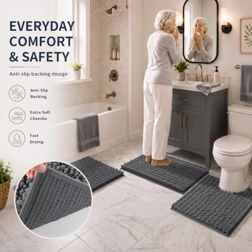 Yimobra Bathroom Rug Set 3 Piece - Super Absorbent Quick Dry Chenille Bath Mats & Toilet Rug, Non Slip Machine Washable, Extra Thick Shaggy Floor Mat for Shower Tub Sink, Dark Gray - color: Dark Gray, size: 24"x20" + 30"x20"+ 44"x24"