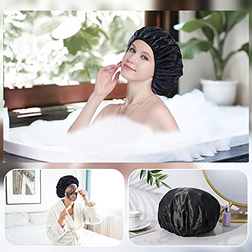 YIZIJIZI Terry Lined Shower Cap, Triple Layer Large Cap for Women, Reusable Waterproof for Long Thick Hair, Black - color: Black