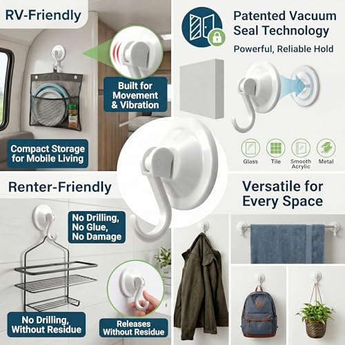 Heavy Duty Suction Cups with Hooks, Waterproof Shower Towel Holder | for Bathroom Wall Tile, Removable No-Drill Vacuum Suction Cup with Hook for Glass Door & Loofah, 4 Pack, White
