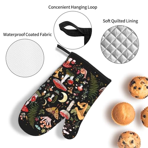 Mushroom Oven Mitts and Pot Holders Sets, Heat Resistant Black Hot Pads Witchy Oven Gloves for Cooking Grilling Baking Kitchen Decor Aesthetic, Witchy Gifts for Women,Mushroom Gifts for Women - color: Mushroom Moth