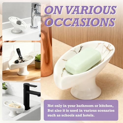 Self-Draining Soap Dish for Shower, Bathroom & Kitchen - White Ceramic Soap Holder with Gold Marble Pattern, Keeps Soap Dry, Easy to Clean