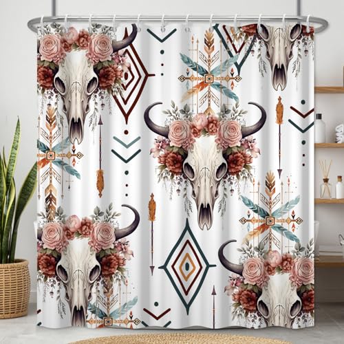 Fabric Shower Curtain with Hooks, Waterproof & Washable Polyester, Boho Western Aztec Cow Bull Skull Floral Shower Curtains for Bathroom, Retro Farmhouse Rustic Bathroom Curtain, 71x74 Inch - color: Boho Bull Skull