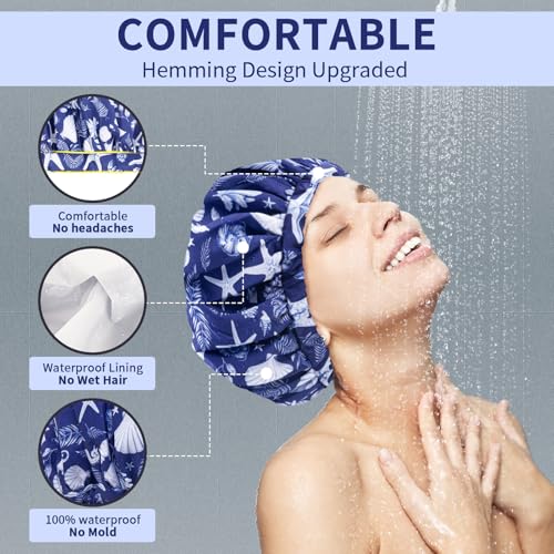 1 PCS Shower Cap, Double Layer & Adjustable Bathing Cap for Shower, Extra Large Reusable Hair Cap for Women, Waterproof Exterior & EVA Lining, Oversized Design for All Hair Lengths/Style - color: 1 PCS Marine life