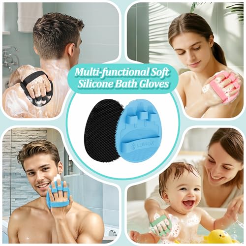 Silicone Back/Body/Face Scrubber & Soft Bath Glove Set 4PCS, Gentle Exfoliating Back & Body Scrubber with Dual-Side Brush Head, Hand-fit Bath Glove & Face Scrubber for Deep Cleaning(Blue-4PC) - color: Blue*4