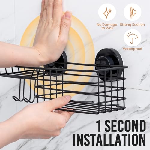 LEVERLOC Shower Caddy Suction Cup, 2 Pack suction shower shelf with Hooks & Soap holder, NO-Drilling Bathroom Holder, Rustproof bathroom organizer, Black - color: 2 X Black