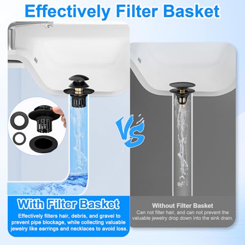 Universal 3 in 1 Bathroom Sink Drain Strainer,Pop Up Bathroom Sink Stopper with Removable Filter Basket,Sink Hair Catcher,Bathroom Drain Stopper Sink Plug for 1.1"-1.65" Basin Drain Holes Black - color: Black