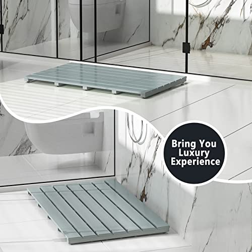 Bamboo Wooden Bath Floor Mat for Luxury Shower - Non-Slip Bathroom Waterproof Carpet for Indoor or Outdoor Use (Bluish Grey,31.3 x 18.1 x 1.5 Inches) - color: Grey, size: 31.3" x 18.1" (Rectangular)