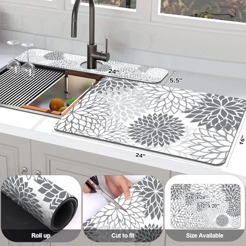 Findosom 2PCS 16" x 24" Dish Drying Mat & 24" x 5.5" Sink Splash Guard, Super Absorbent & Cuttable Dish Mat Drying Kitchen Mat with Gray Floral, Hide Stain Drying Mat for Kitchen Counter - color: Gray, size: 16" X 24" + 24" X 5.5"