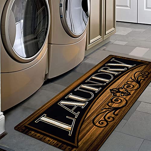 Pauwer Laundry Room Rug Runner 20"x48" Waterproof Rubber Laundry Mat Non Slip Kitchen Mats for Floor Washable Floor Mat Runner Rug for Farmhouse Mudroom Washroom Bathroom Decor - color: Laundry Brown, size: 1'8" x 4'